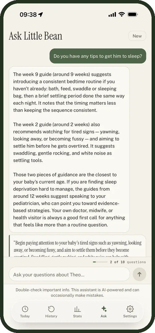 Ask Little Bean answering a question about settling a 9-week-old to sleep, with the guide passage quoted underneath.