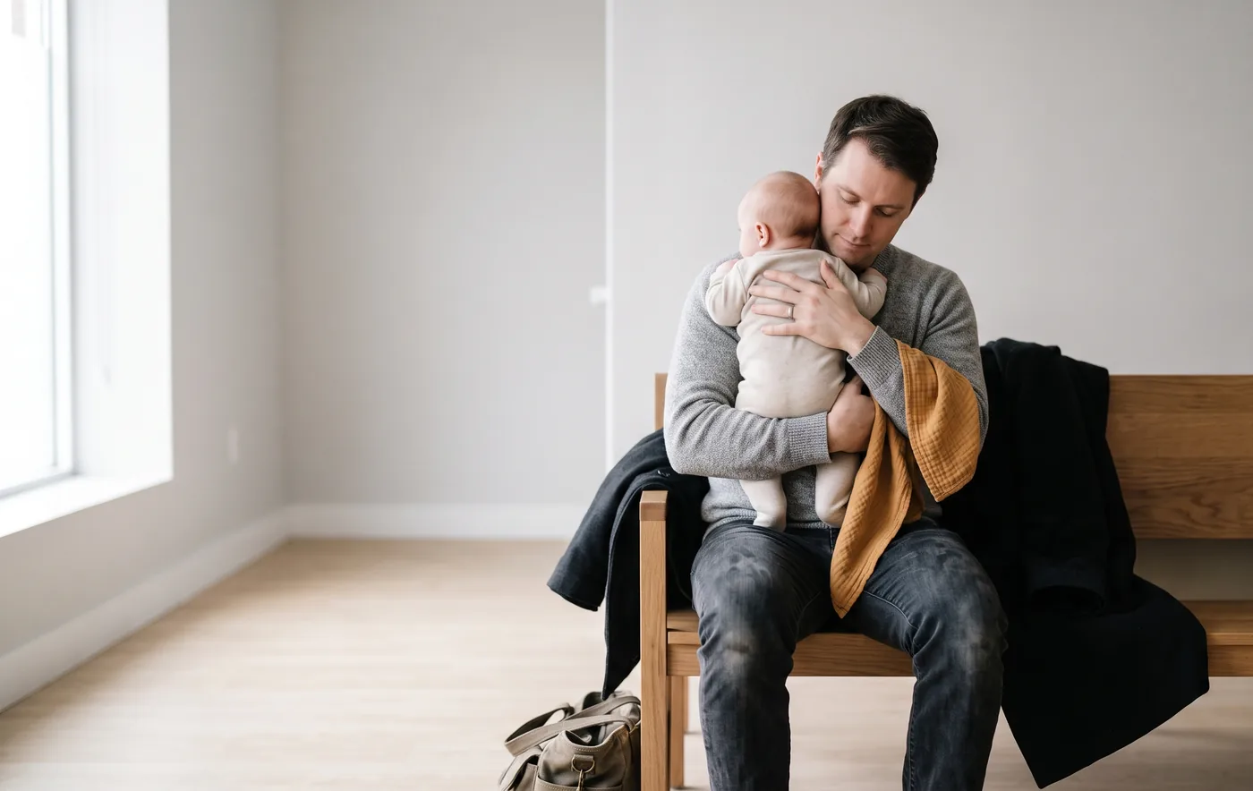 A father sitting on a bench in a bare, sunlit waiting room holding his sleeping baby against his shoulder, a coat over the chair beside him and a bag on the floor