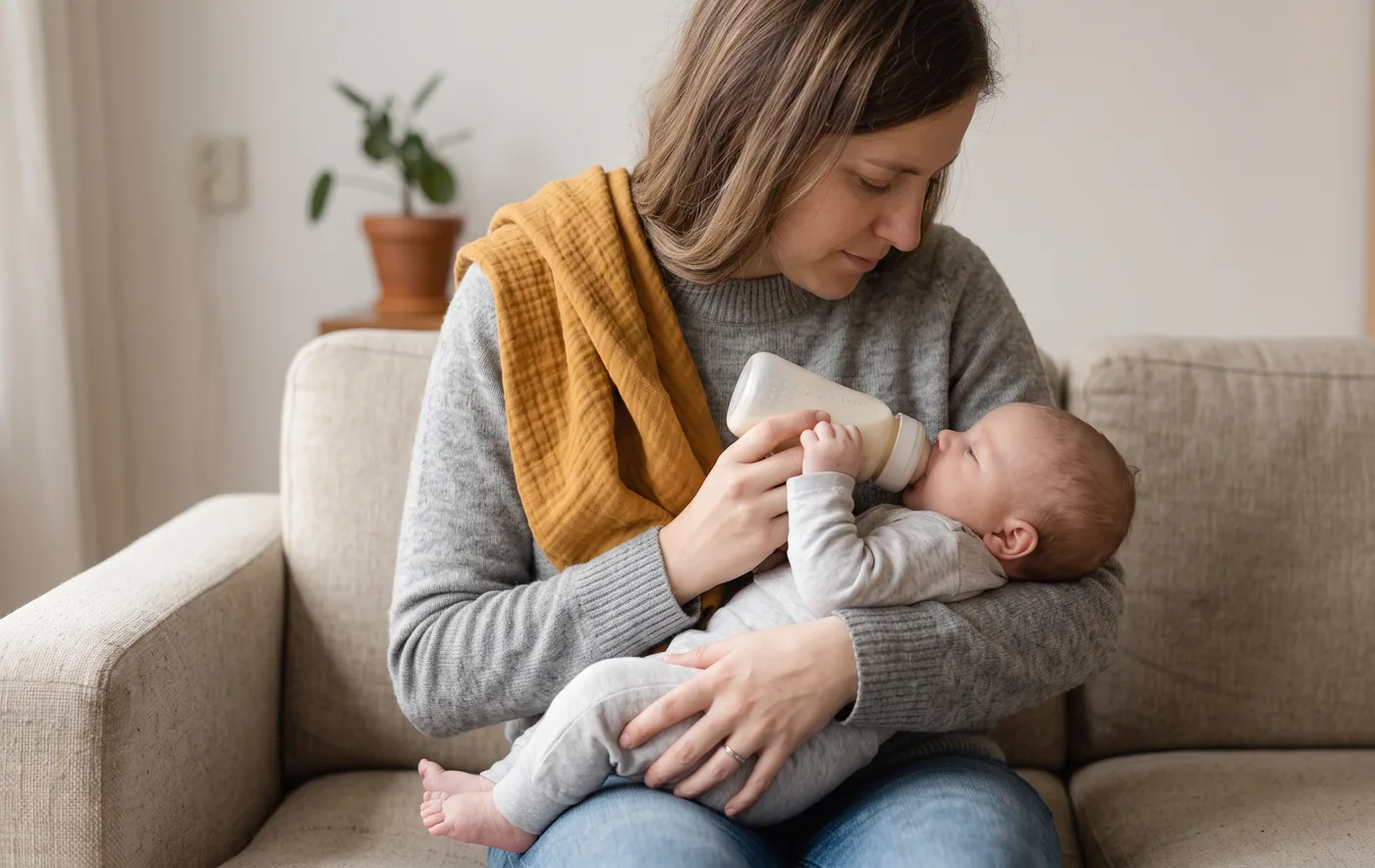 A mother sitting on a pale linen sofa bottle-feeding her newborn, the baby's hand resting on the bottle and an ochre muslin over her shoulder