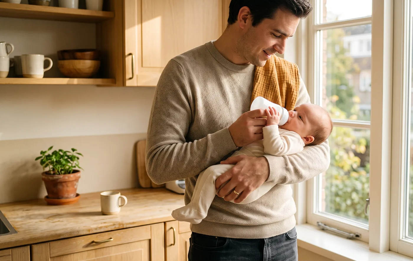 A father standing at a sunlit kitchen window feeding his newborn from a plain bottle, an ochre muslin over his shoulder and a small basil plant in a terracotta pot on the counter behind him